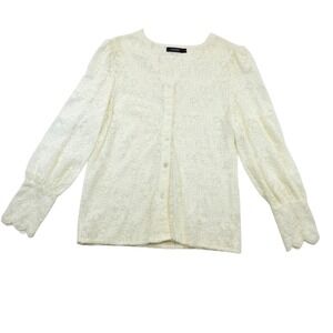 LUXVEER Ivory Lace Button Front Puff Sleeve Blouse Top Women's Size L